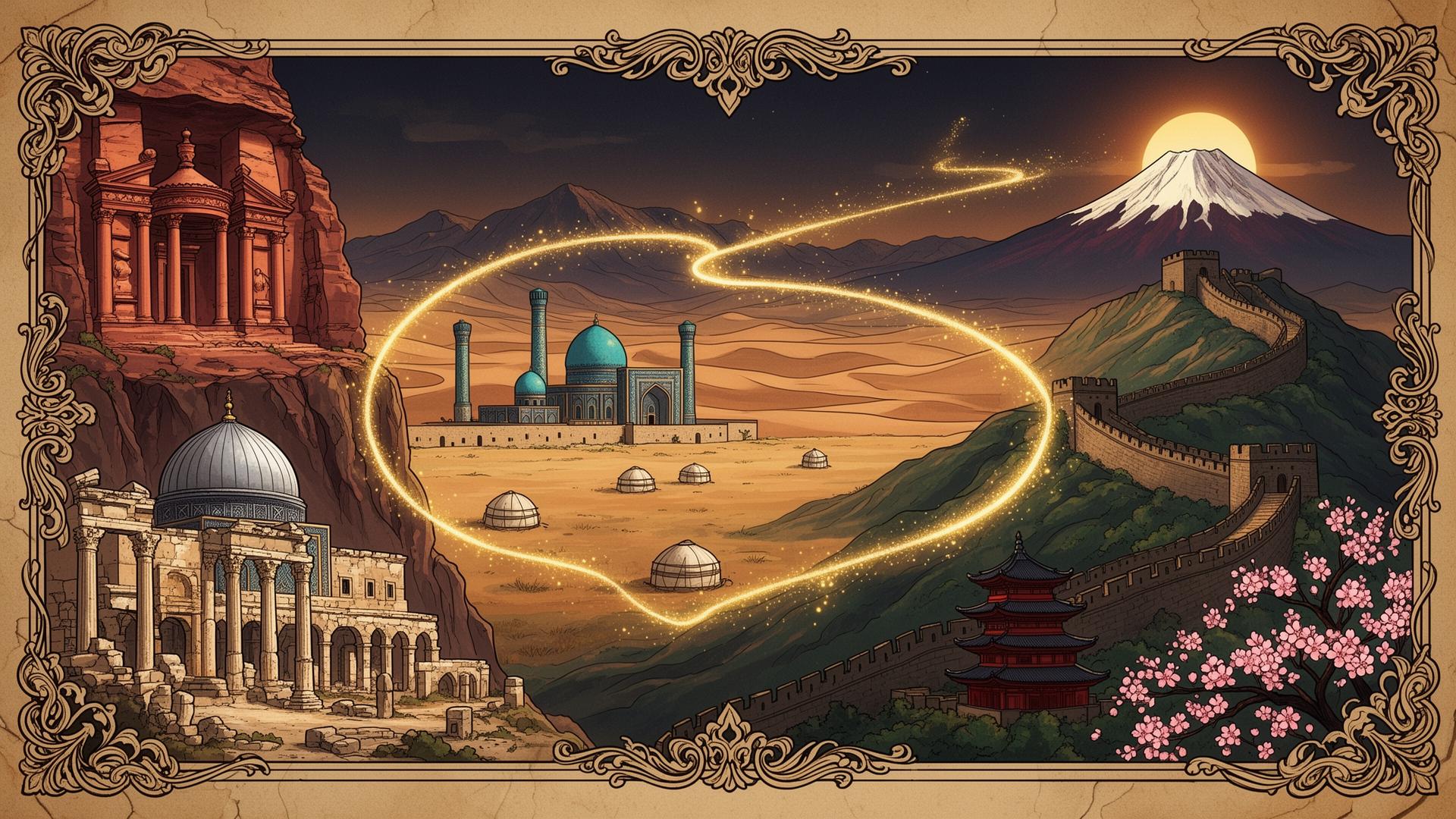 Ancient Silk Road map from the Levant to East Asia